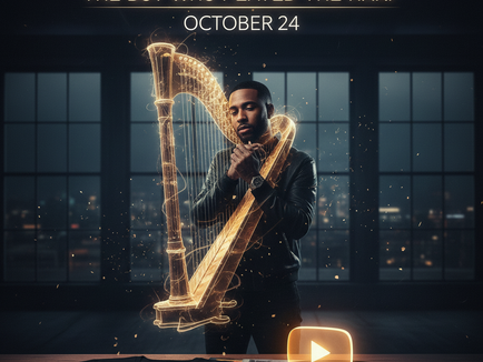 Dave, the UK rap heavyweight, standing confidently with 'The Boy Who Played The Harp' album art and an October 24 release date.