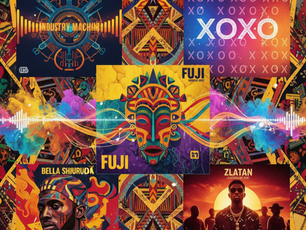 A vibrant, energetic image depicting album covers or artistic representations of Adekunle Gold, Odumodublvck, Bella Shmurda, and Zlatan, with a strong Afrobeats aesthetic.