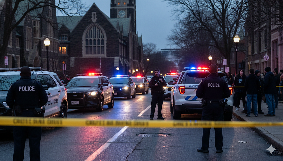 Police vehicles with flashing lights converged near Brown University campus at night, with a sense of urgency and concern, reflecting an active shooting investigation and manhunt.