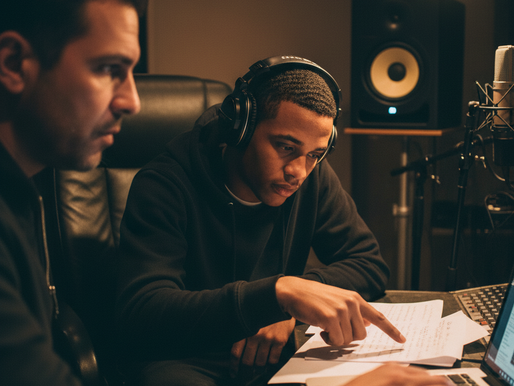 MC Coldiss intensely listening to a track on headphones, with a mentor figure (blurred) providing feedback, and lyrics subtly overlaid, representing the focus on bars and substance.