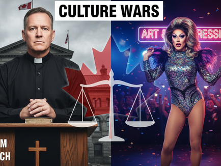 A Canadian pastor standing defiantly, facing legal consequences for his opposition to drag queen events.