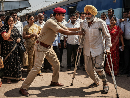 A shocking scene of an MP cop brutalizing a handicapped man on a train platform in Ujjain, India.