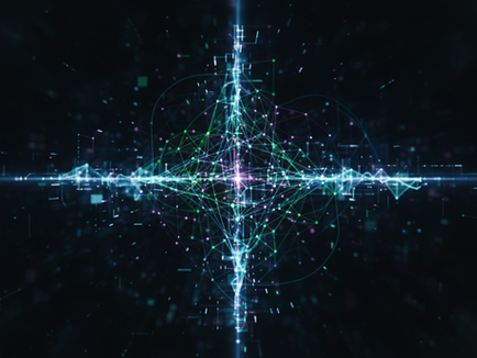 Futuristic, abstract representation of interconnected digital circuits and quantum particles, glowing with blue and purple light, symbolizing Amazon's advancements in AI and quantum computing.