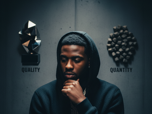 Polo G in a thoughtful, lyrical stance, surrounded by subtle visual elements suggesting 'quality over quantity' in music.