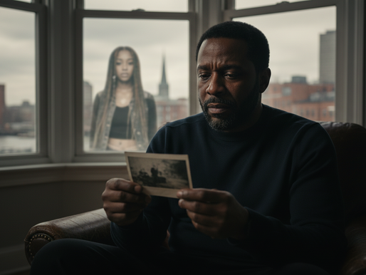 Benzino looking reflective or sad, with a subtle, faded image of Coi Leray in the background, representing the emotional leak "Father's Regret."