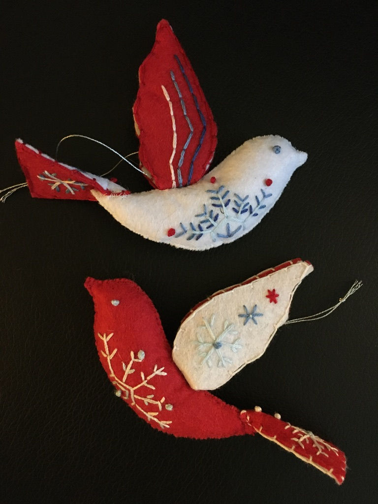 Handmade embroidered bird ornaments