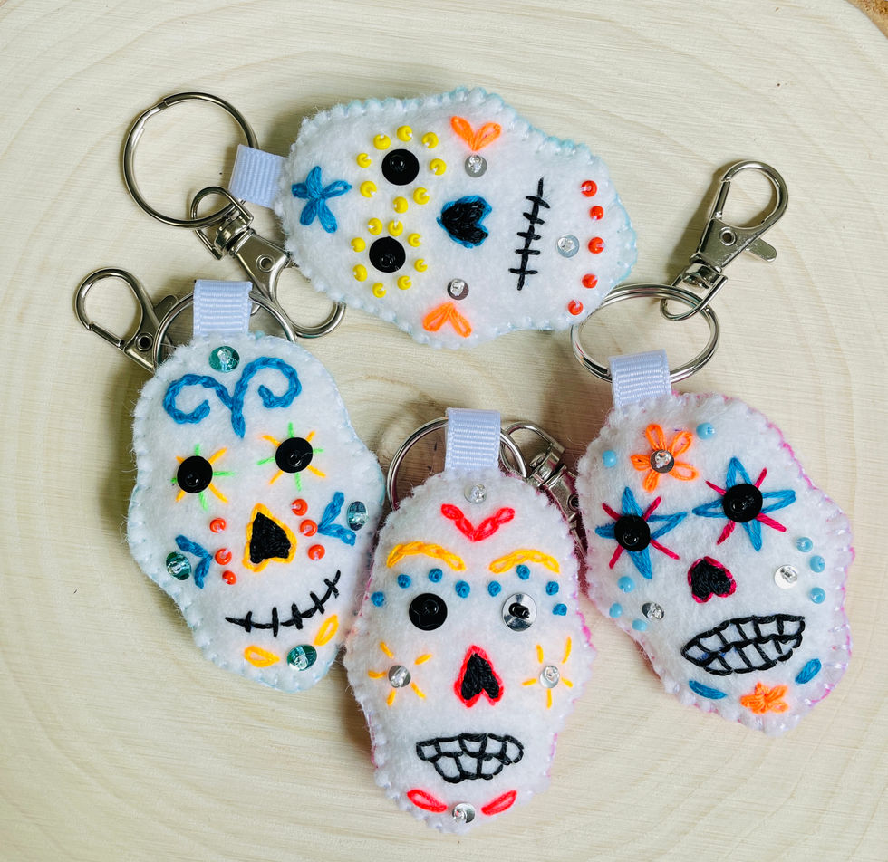 Handmade embroidered Day of the Dead Sugar Scull keychains / bag charms