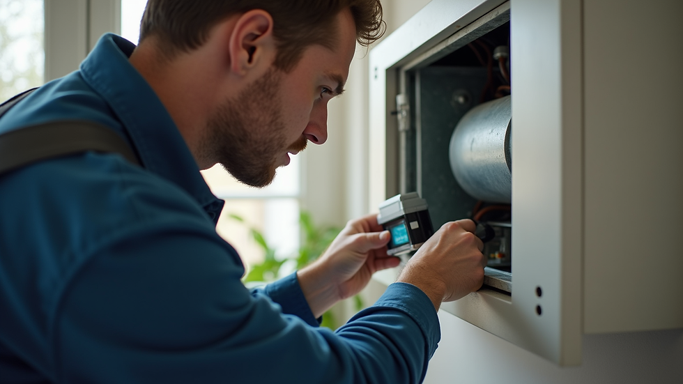 Close-up view of a technician inspecting HVAC system in a residential property