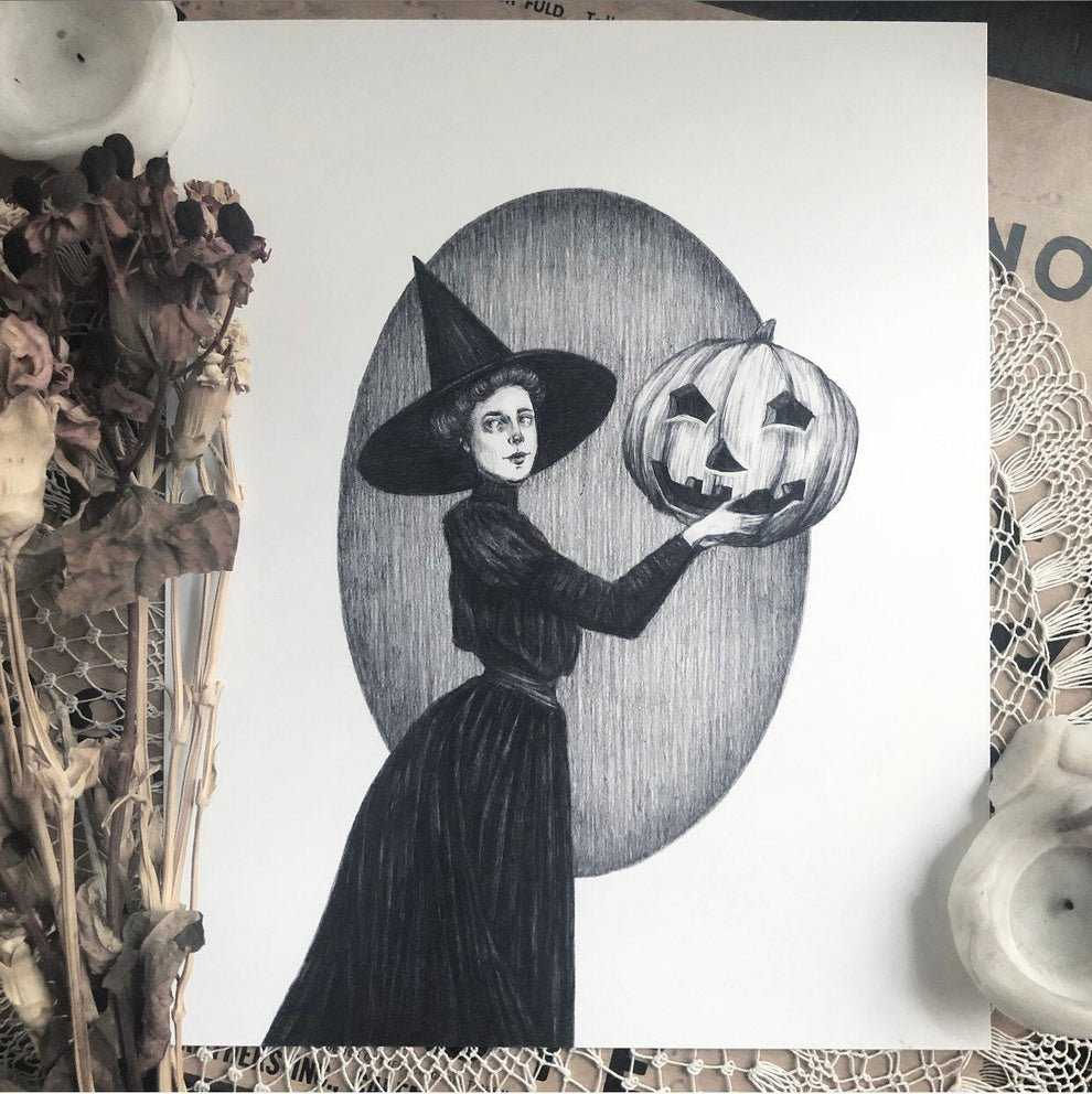 Pumpkin Witch - Fine Art Print - Jack O Lantern - Vintage