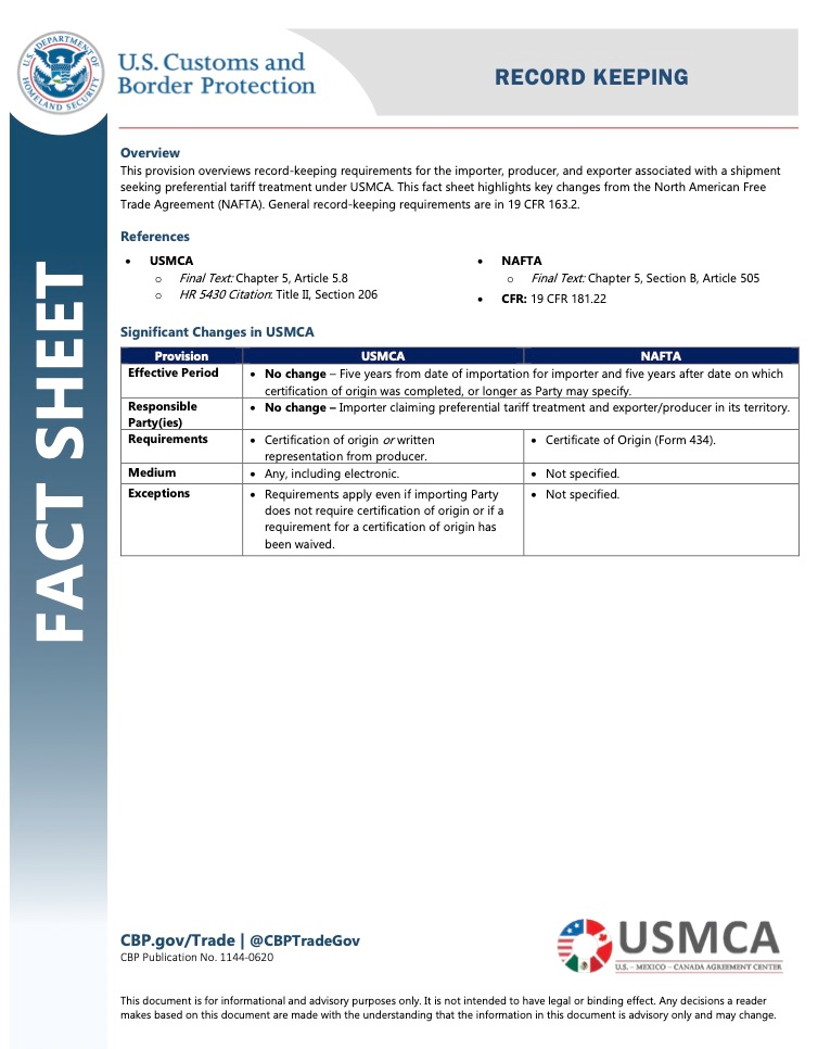 Usmca Fact Sheet Record Keeping