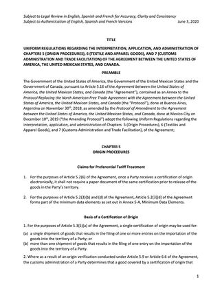 USMCA - Uniform Regulations - Chapters 5, 6 and 7