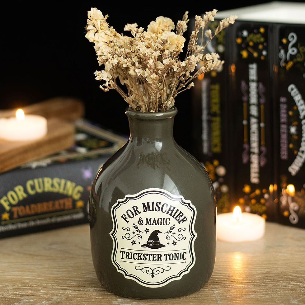 Ceramic potion bottle vase and candle holder with Mischief and Magic design