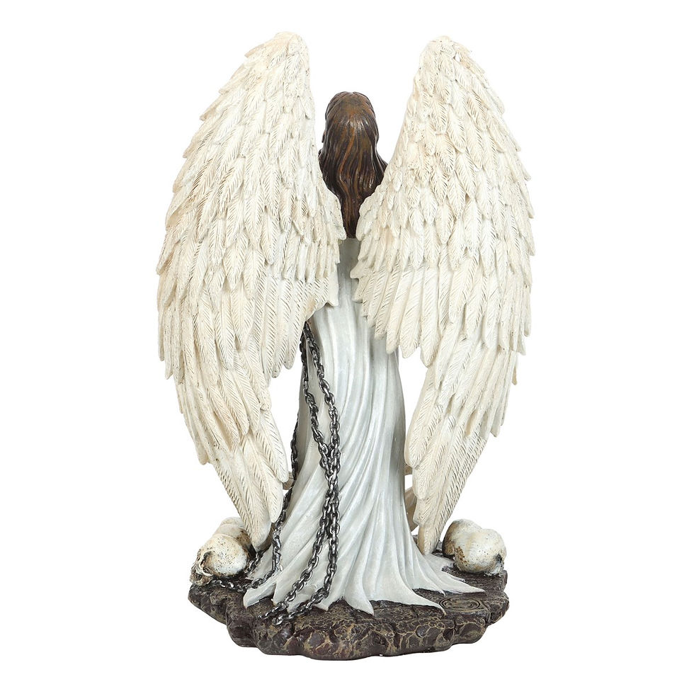 Captive Spirit Angel 11in resin figurine by Spiral Direct, blindfolded angel with chains and wings on skull-adorned base.