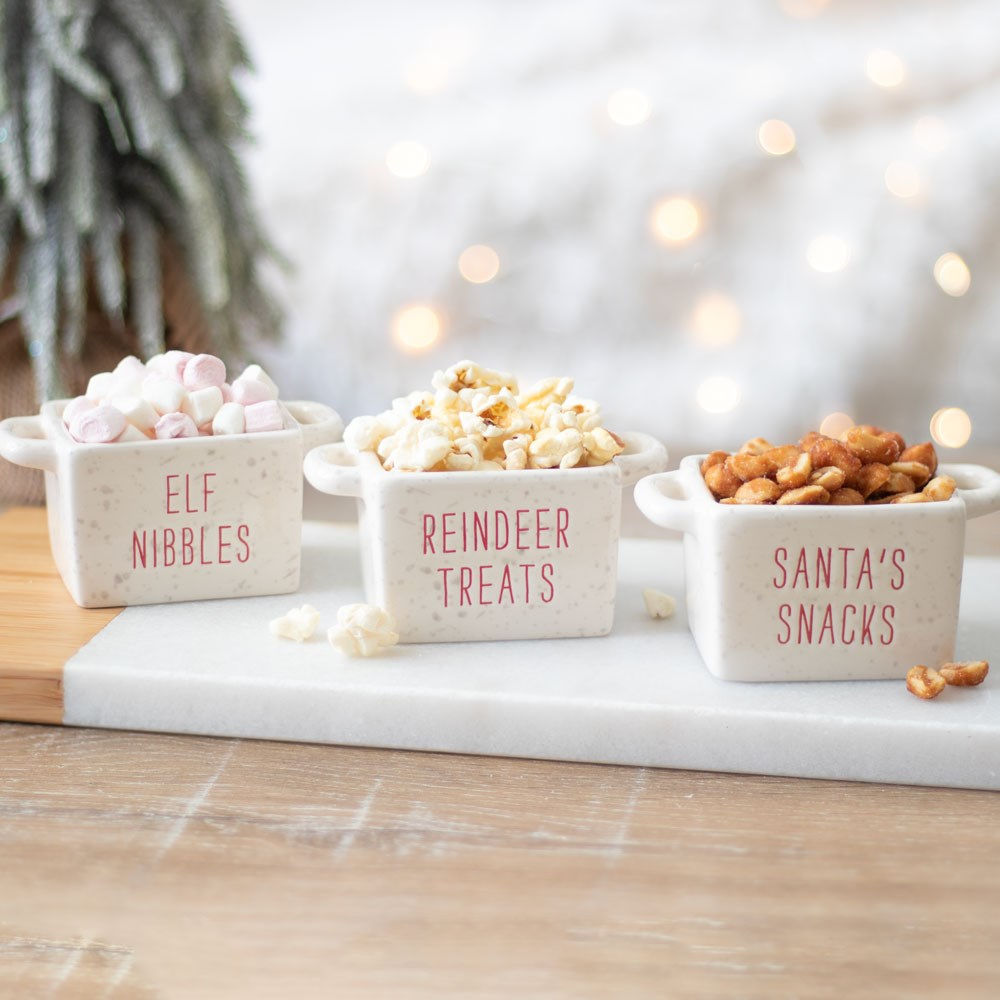 Set of three ceramic Christmas snack bowls for Santa, reindeer and elf treats