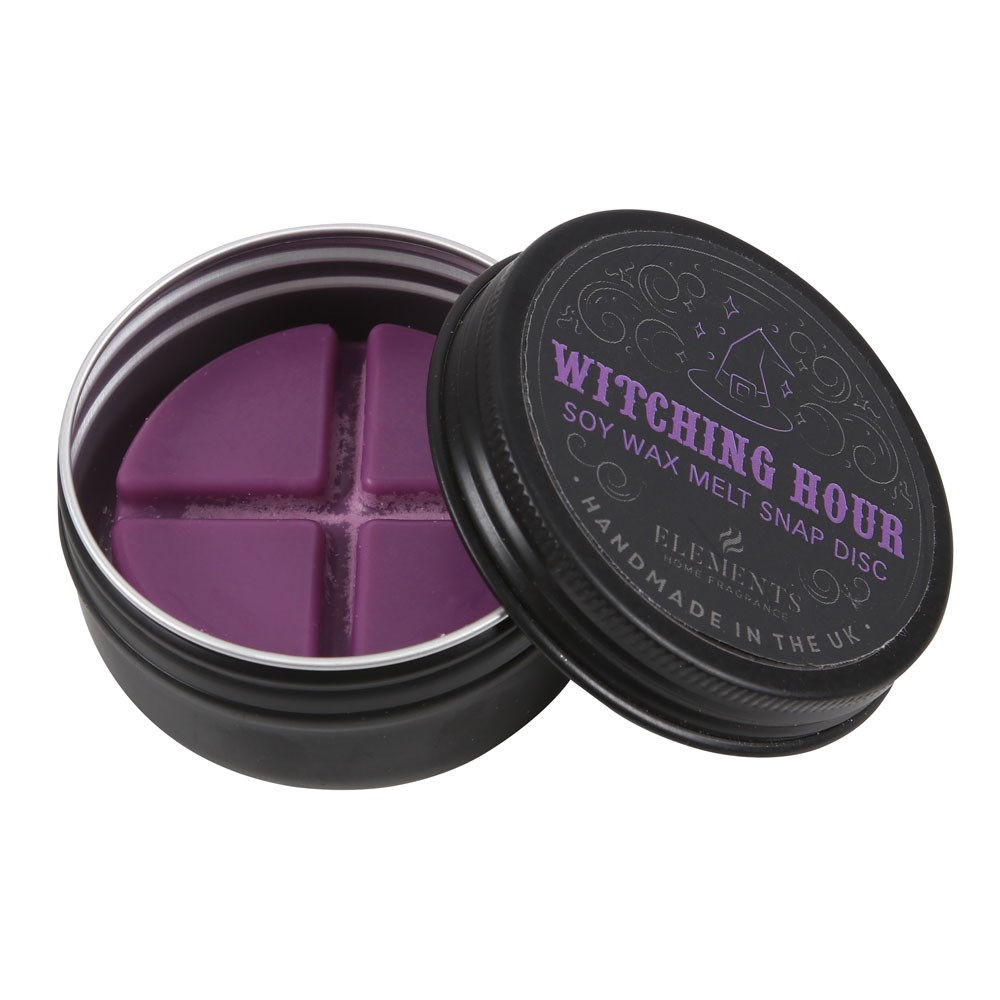 Witching Hour soy wax snap disc, 4-section melt with citrus, raspberry, floral & musk notes; vegan, handmade, biodegradable.