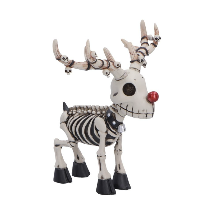 Thumbnail: Rudi gothic skeletal Christmas reindeer figurine 10.7cm by Nemesis Now with skull antlers and red nose