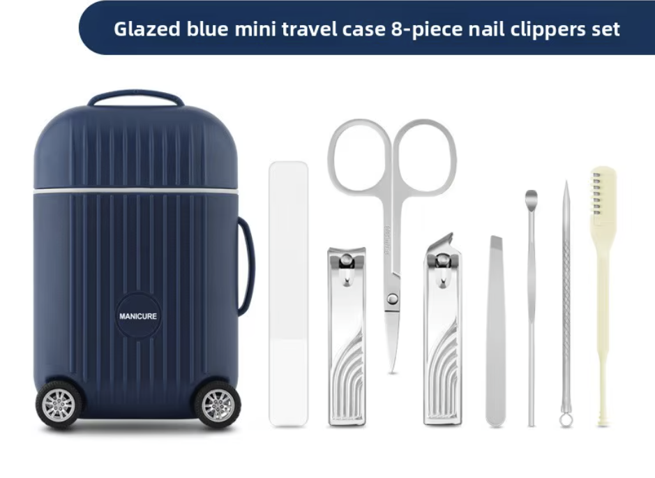 Thumbnail: 8-Piece Stainless Steel Manicure & Pedicure Set in mini luggage-style case with essential grooming tools.