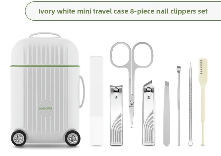 Thumbnail: 8-Piece Stainless Steel Manicure & Pedicure Set in mini luggage-style case with essential grooming tools.