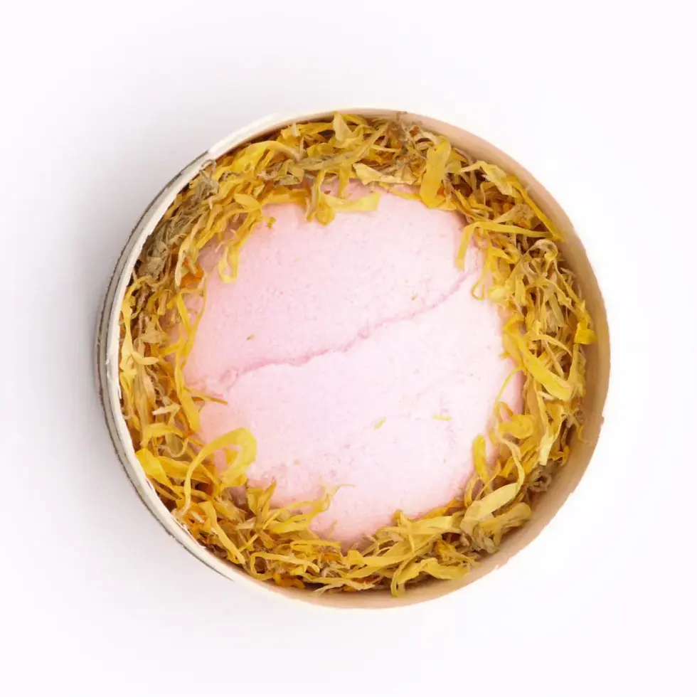 Blooming Pink Bliss Aromatherapy Set Frankincense & Rose bath bomb, Himalayan salt, marigold petals in eco-friendly tube.