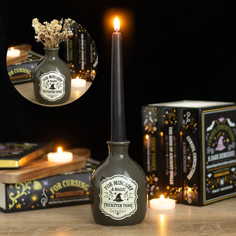 Ceramic potion bottle vase and candle holder with Mischief and Magic design