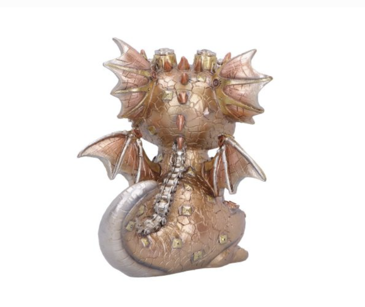 Thumbnail: Gold steampunk dragon figurine with mechanical gear details, wide eyes, and hand-painted finish, standing 17.5cm tall