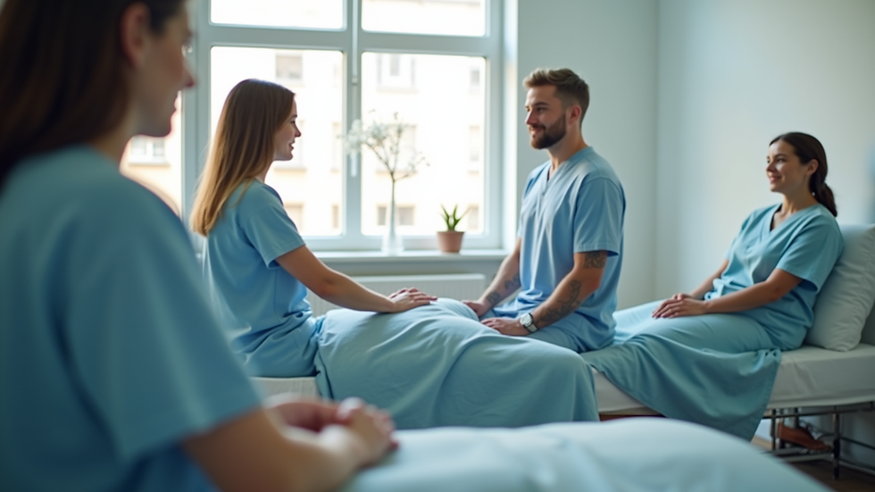 Eye-level view of a classroom with students practicing manual therapy techniques