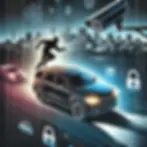 Illustration of vehicle theft in Alberta, featuring a shadowy figure attempting to steal a high-end SUV at night. A security camera and warning sign emphasize surveillance and car theft prevention. The dark color scheme highlights urgency and awareness of rising auto theft trends in Canada.