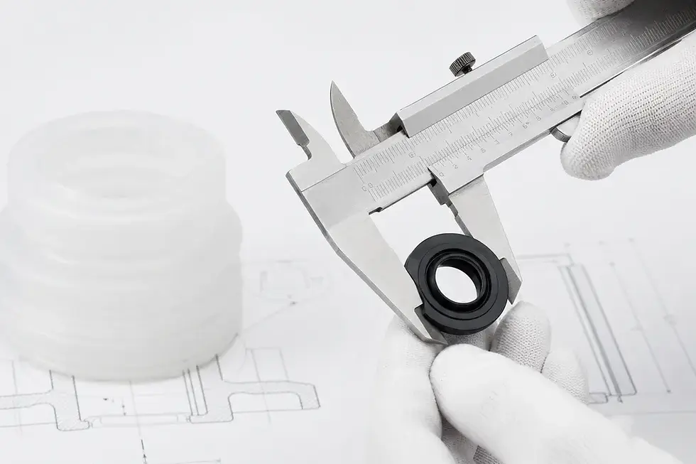 Messung einer Gummidichtung neben einem transparenten Silikonbauteil und technischen Linienzeichnungen