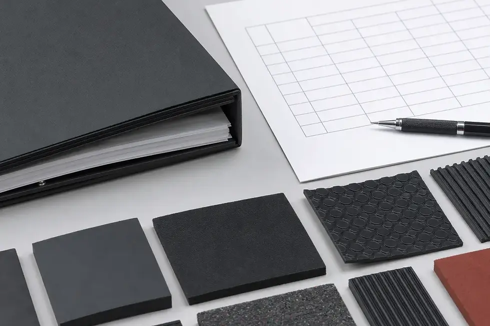Engineering workspace with a closed binder and a blank printed beständigkeits table grid, macro texture of rubber sheet