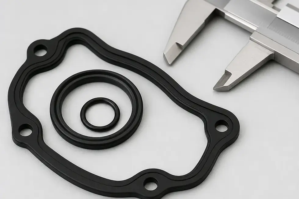 Minimalist macro product photo of a neatly machined rubber gasket set on a light gray background, calibrated caliper nea