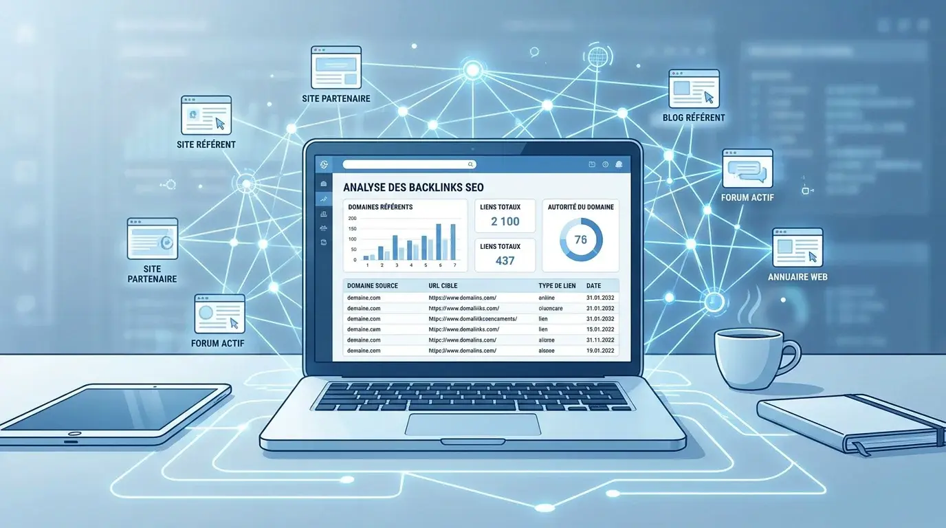 Espace de travail numérique avec tableau de bord d'analyse de backlinks SEO
