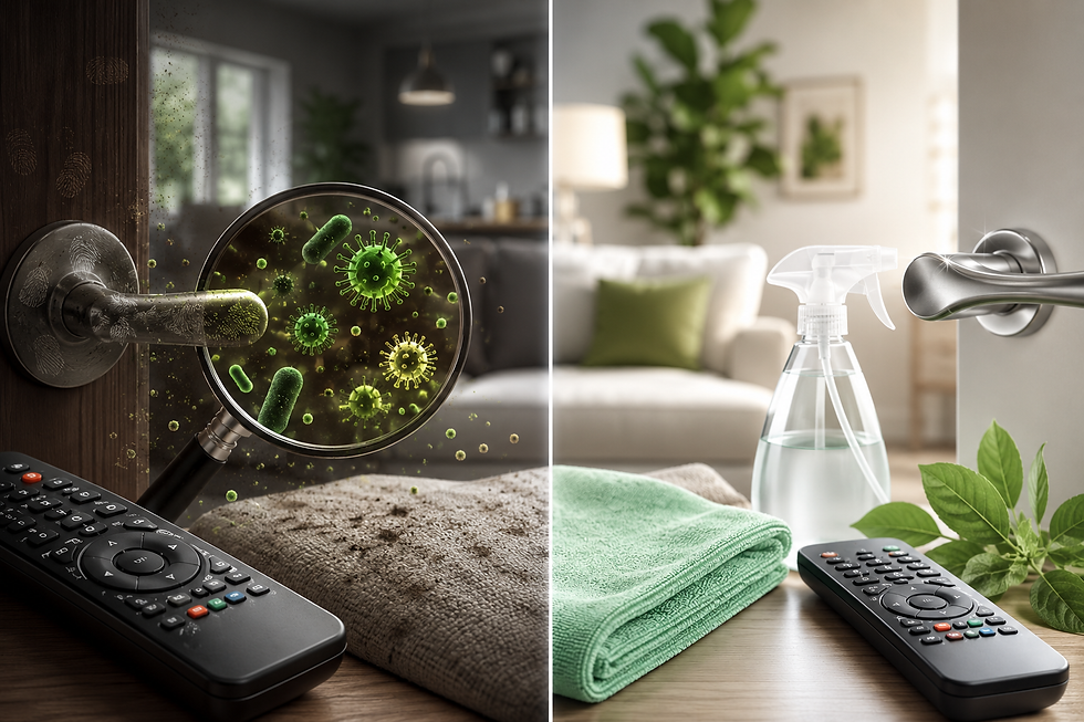 Split image of dirty germy door handle under a magnifier and a clean surface with spray bottle, cloth, remote, and plant.