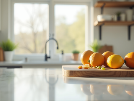 Oranges on a cutting board in a sunlit kitchen, with a bright window, sink, and shelves in the blurred background.