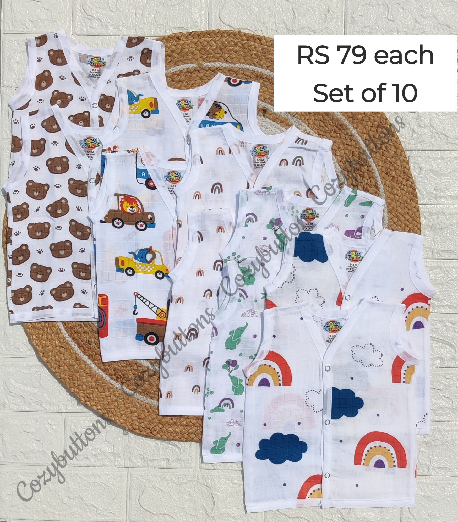 Muslin Button Jabla 0-3m Set Of 10 - Shown Prints