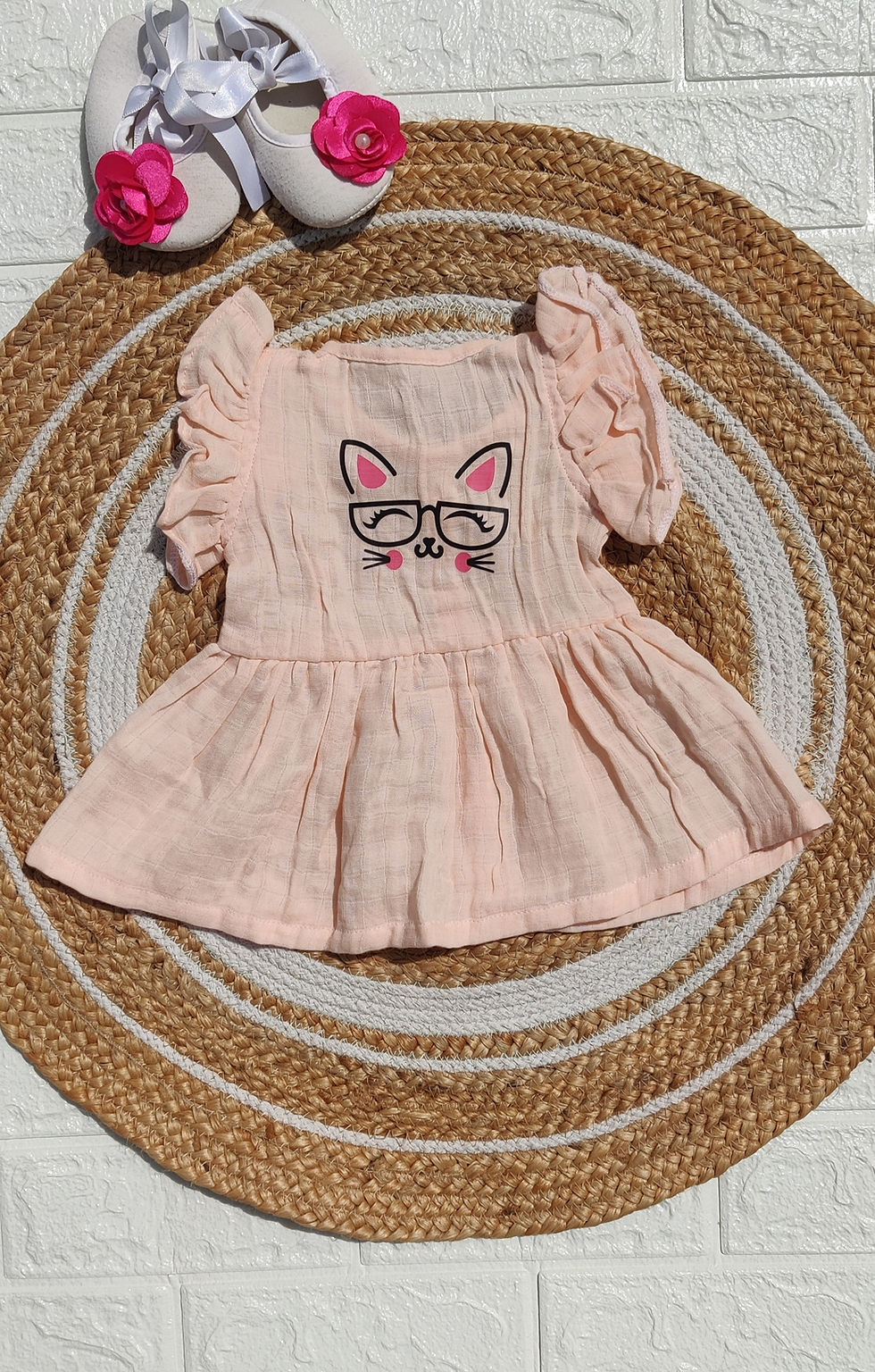 Muslin Hand Frill Frock - Peach cat