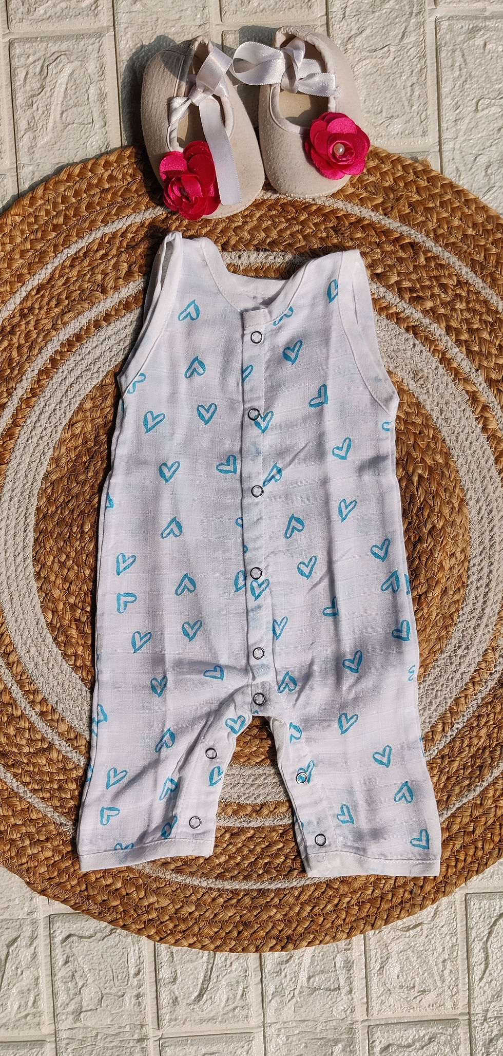Muslin Half Rompers - Blue heart