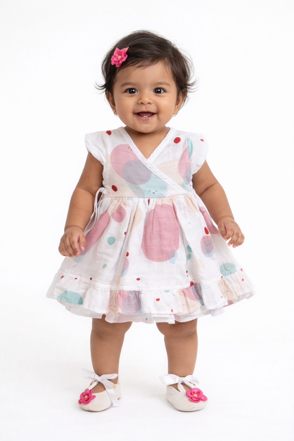 Muslin Kimono Frill Frock 6-12m - Pink Dots