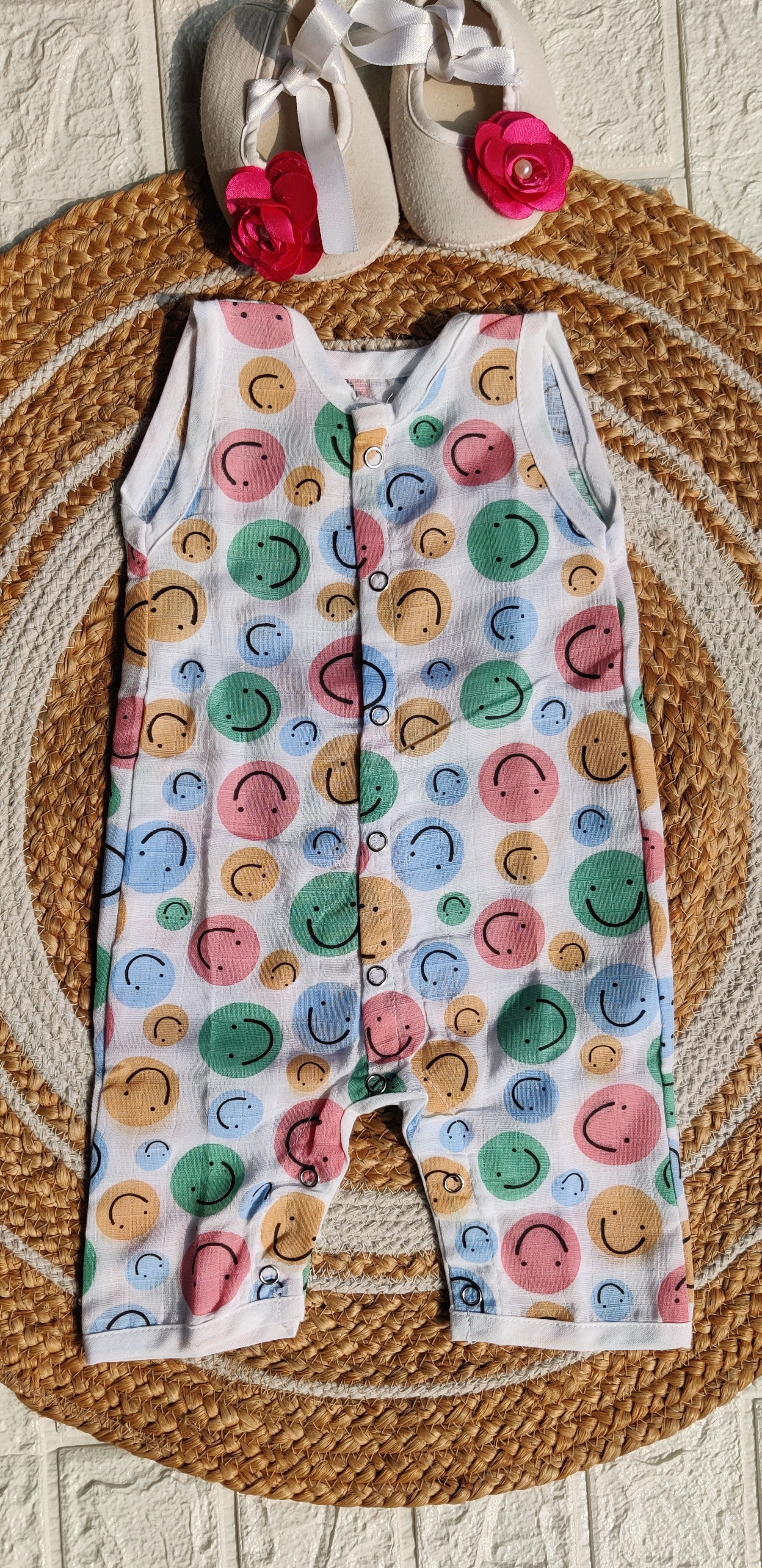 Muslin Half Rompers - Smiley