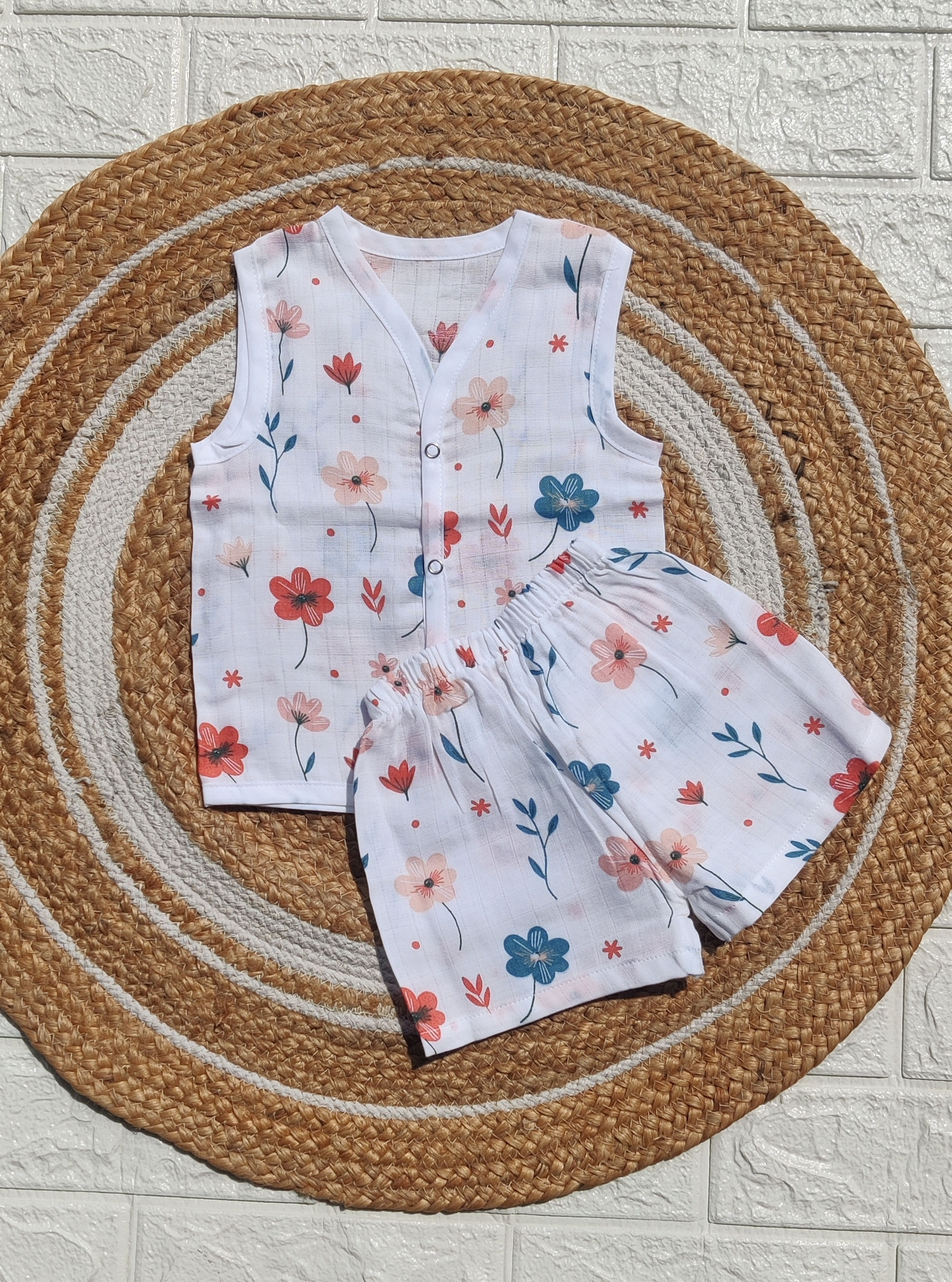 Muslin Co-ord Set (Sleeveless jabla with Shorts) - Flower