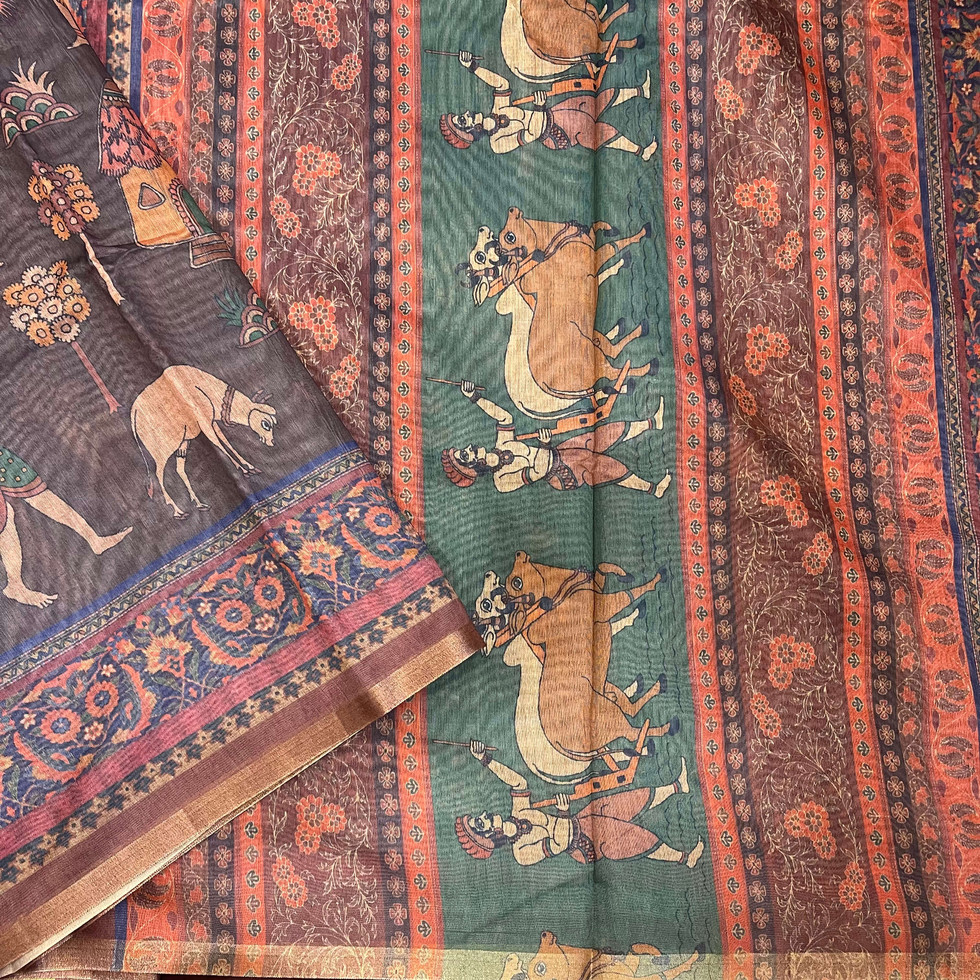 kalamkari print maheshwari silk saree/ brown kalamkari saree/ kalamkari silk saree
