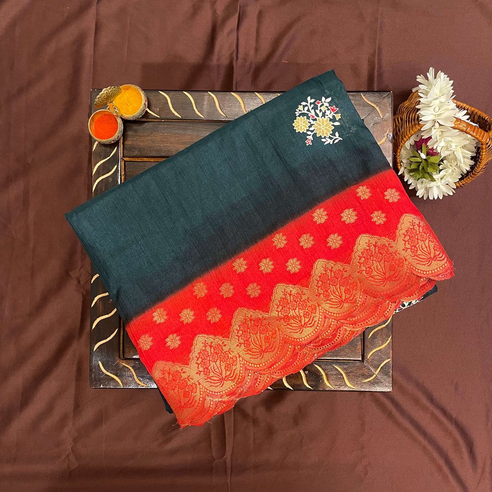 red green cutwork fancy saree/ scallop border saree/ red green combination saree