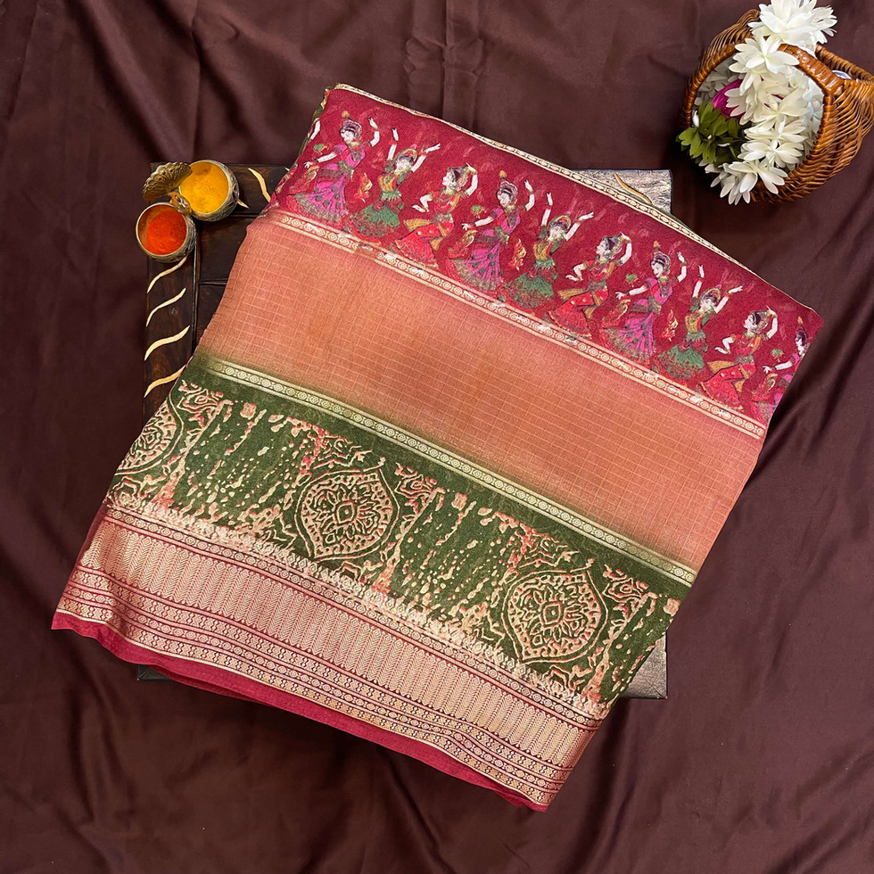 red & green marshmellow saree/ dolls printed saree/ soft silk sarees