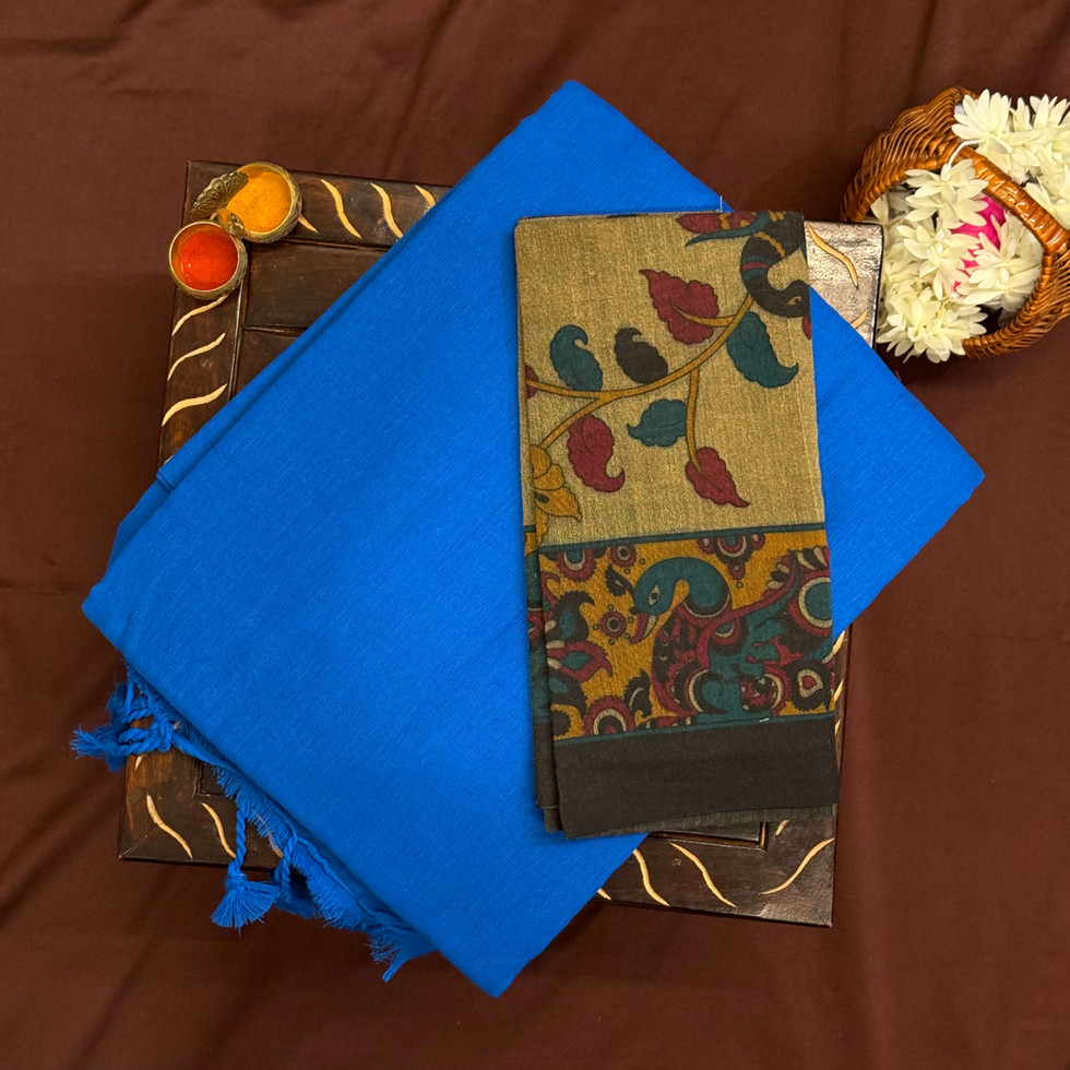 Royal blue linen cotton saree/ plain linen cotton saree/ saree with kalamkari blouse