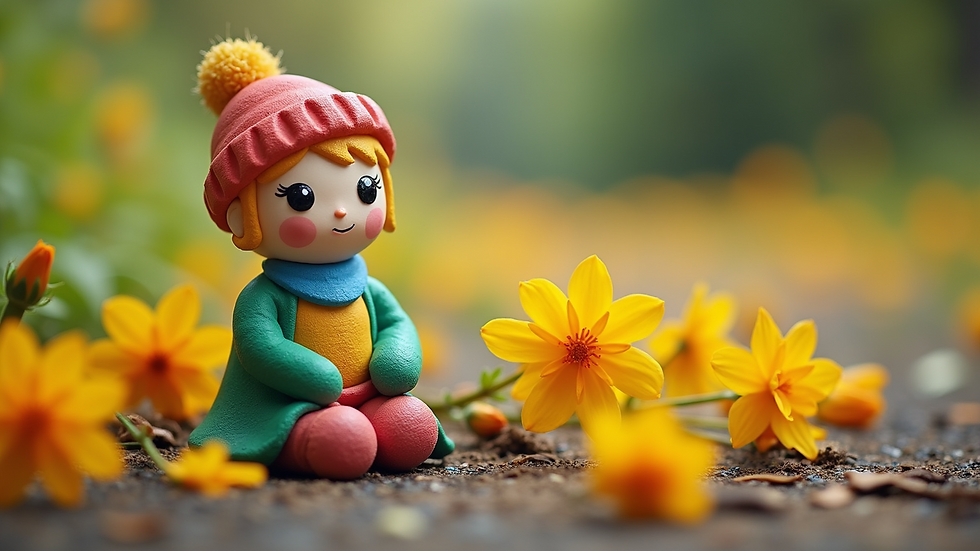 Eye-level view of a colorful eco-friendly idol made from clay surrounded by flowers