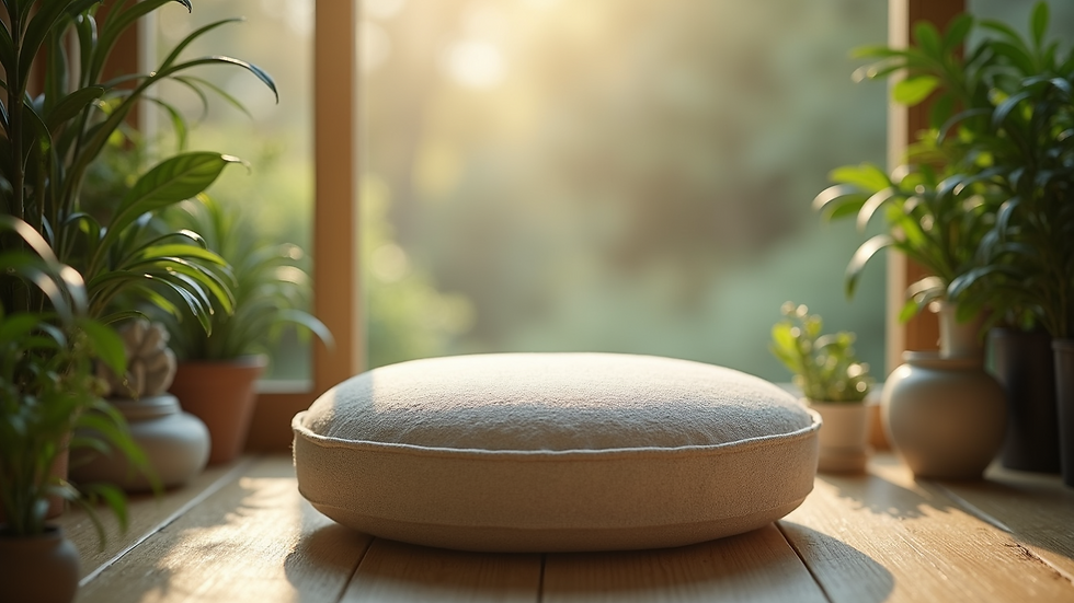 Close-up view of a meditation cushion surrounded by plants and soft lighting