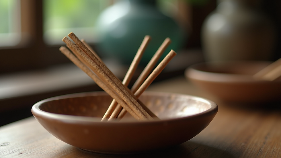 Eye-level view of a collection of organic incense sticks arranged in a decorative bowl