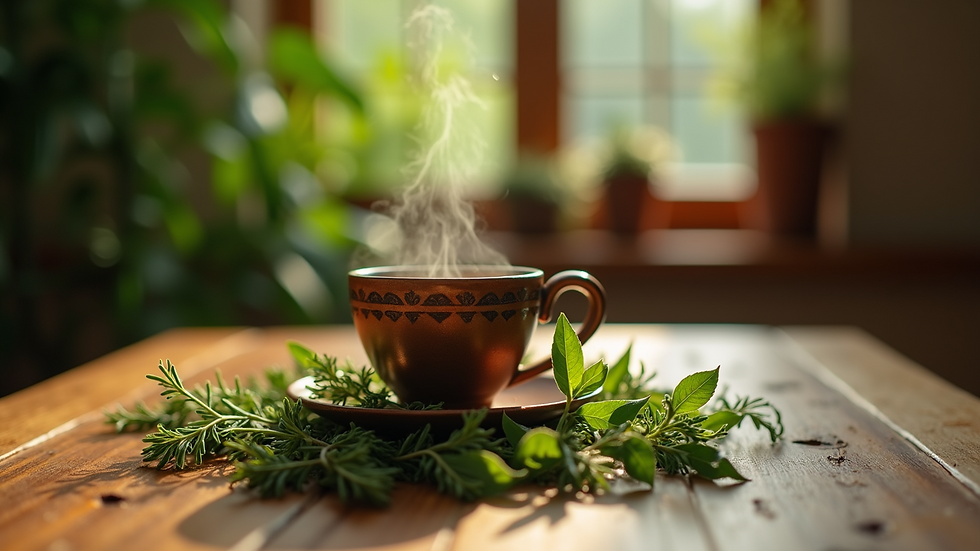 Eye-level view of a Nityasa Havan Cup surrounded by herbs on a wooden table