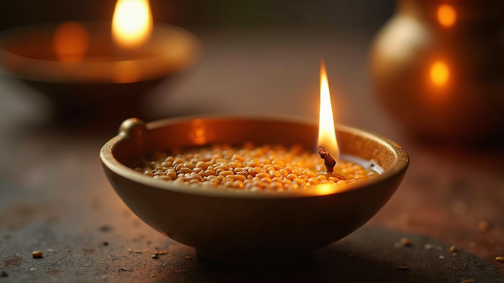 Close-up view of a brass diya filled with sesame oil, ready to be lit for a ritual