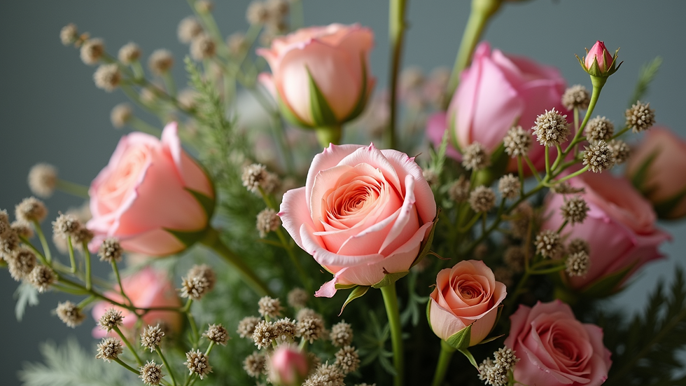 Close-up view of a custom floral arrangement with seasonal flowers and greenery