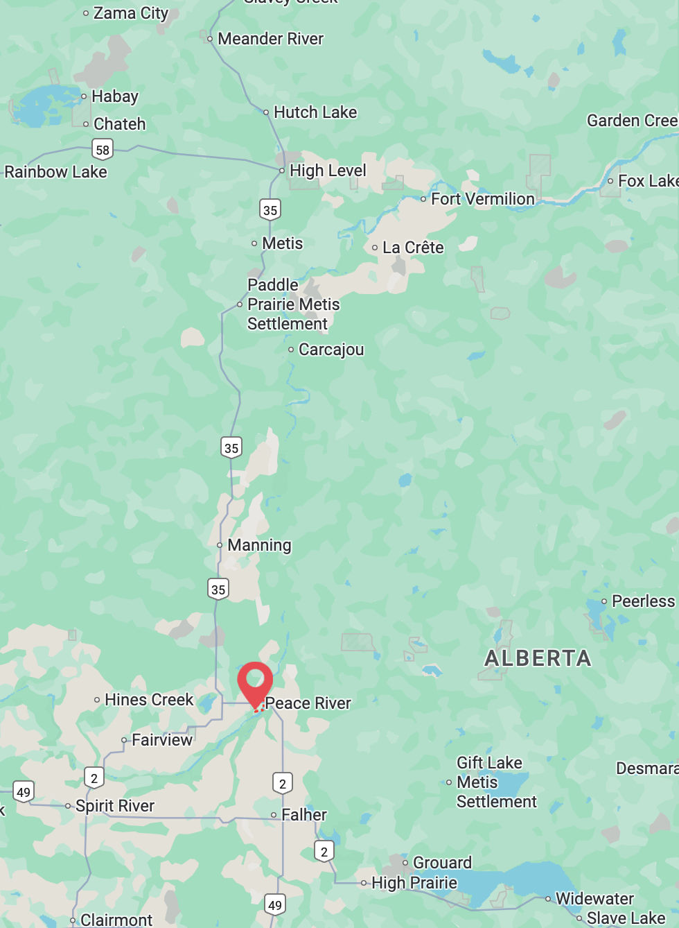 Map of Alberta showing the Peace River region.
